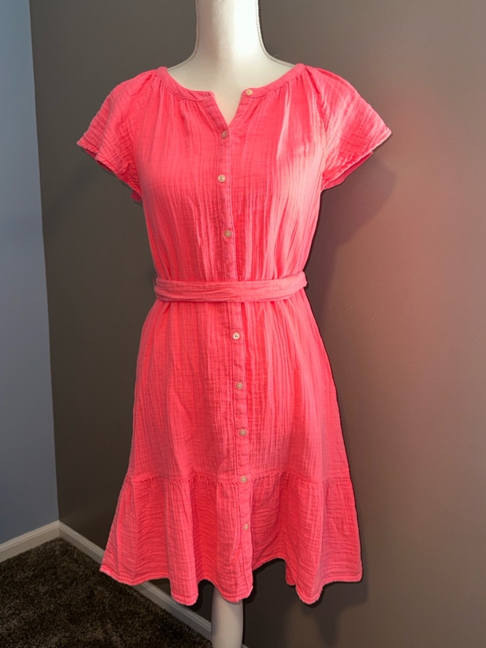 Vineyard Vines Coral Pink Button-Front Midi Dress
